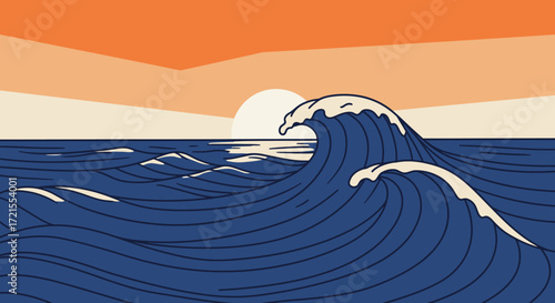 Illustration of a large ocean wave at sunset.
