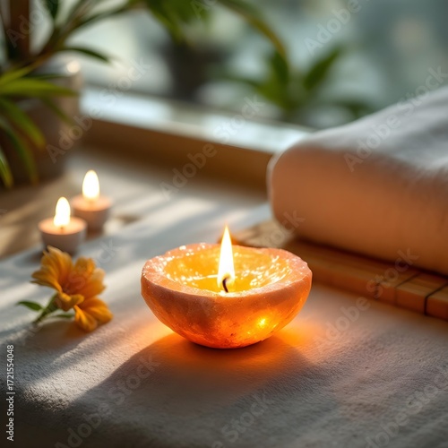 A diya crafted from Himalayan rock salt, glowing with a warm, pinkish-orange light from within, promotes wellness and ambiance, displayed on a stone altar in a serene, misty forest at dawn