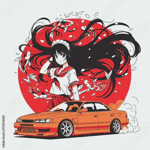 Anime girl with flowing hair and koi fish above a drift car.