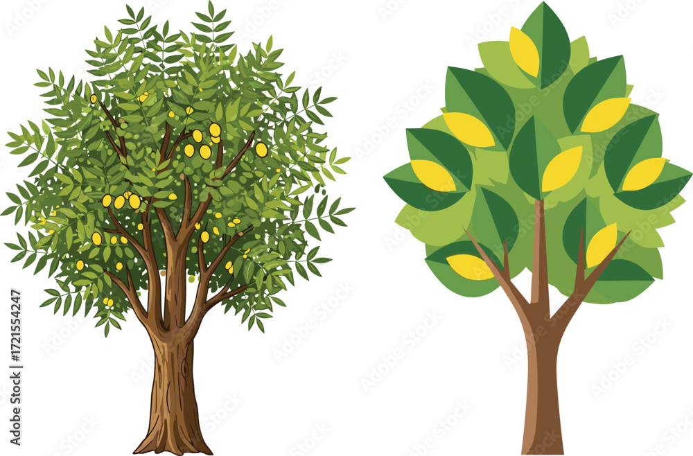 Naklejka premium Realistic fruit tree illustration, stylized abstract tree design, botanical artwork, green leaves, yellow fruits, nature drawing, comparison concept, educational plant art