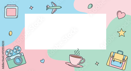 Pastel background with vlog text in the center surrounded by travel and lifestyle icons