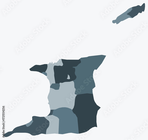 Map of Trinidad and Tobago with regions. Just a simple country border map with region division. Blue grey color palette. Flat Trinidad and Tobago shape with administrative division.