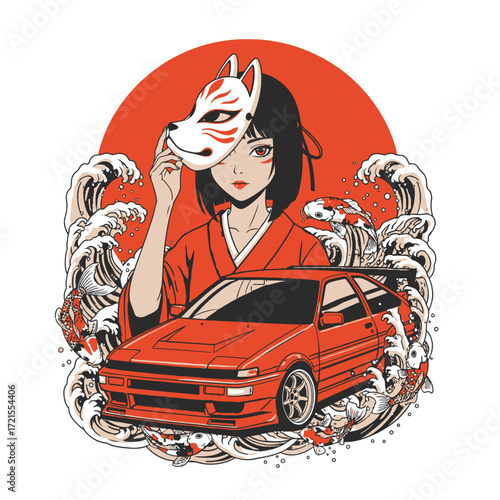 Anime girl in traditional Japanese attire holding a fox mask, standing in front of a red sports car, surrounded by waves and koi fish.