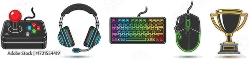Illustration of gaming accessories including a joystick headset keyboard mouse and a trophy