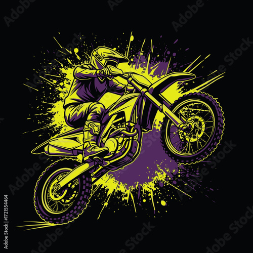 A dynamic illustration of a motocross rider performing a wheelie with vibrant yellow and purple paint splatters against a black background.