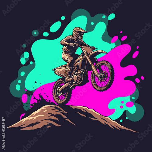 Motocross rider in mid-air, performing a jump over a dirt mound with vibrant splash art.