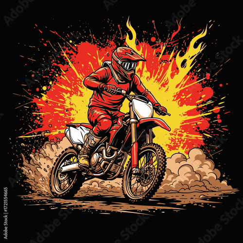 A dynamic illustration of a motocross rider in action, surrounded by an explosion of color.