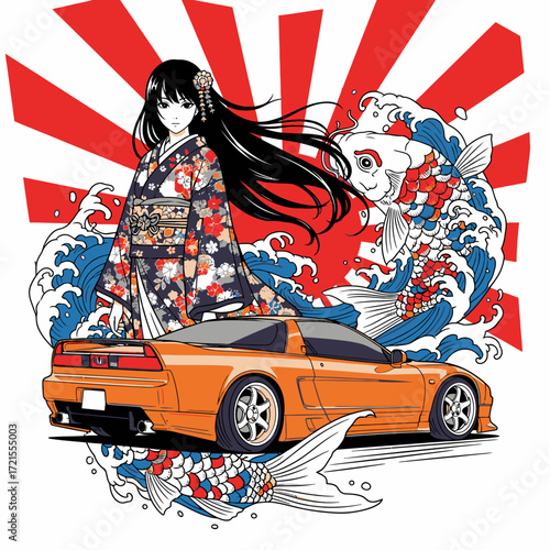 Japanese girl in kimono with orange sports car.