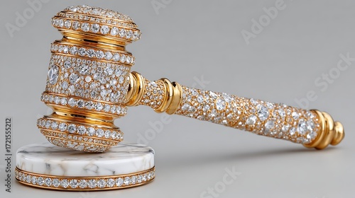 Luxury Diamond Encrusted Gavel on a White Stand for Auction Display
