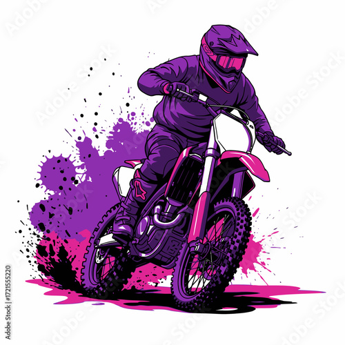 Purple motocross rider in action, dynamic graphic design.