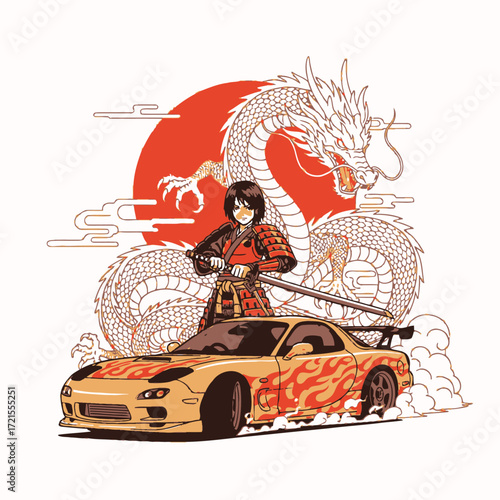 An illustration of a female samurai warrior with a katana posing with a yellow sports car, set against a backdrop of a white dragon and a red sun.