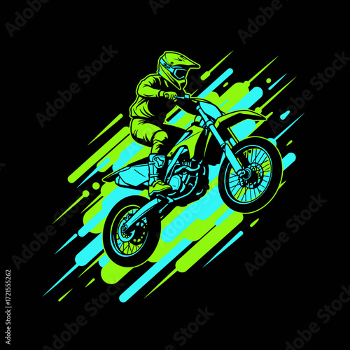 A dynamic illustration of a motocross rider performing a wheelie on a dirt bike, set against a backdrop of vibrant, abstract streaks of neon green and cyan.
