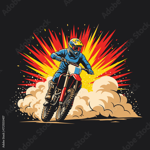 Dynamic illustration of a motocross rider in action, kicking up dust with a vibrant explosion of color behind them.