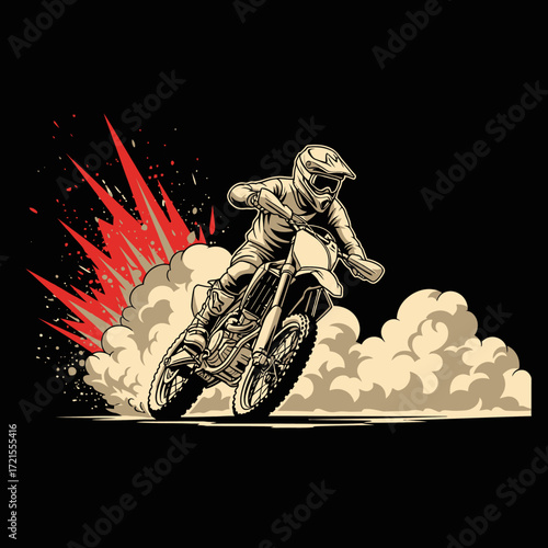Dynamic illustration of a motocross rider on a dirt bike kicking up dust and red debris on a black background, showcasing speed and action.