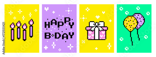 Pixel birthday greeting cards. Retro gaming 8 bit festive design. Birthday candles with sparkles, gift box, present, balloons. Digital celebration color vector elements for party invitations, stickers