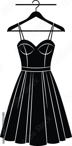 Silhouette of elegant dress on hanger, sweetheart neckline, pleated skirt, formal fashion icon, minimal vector illustration, clothing design element,