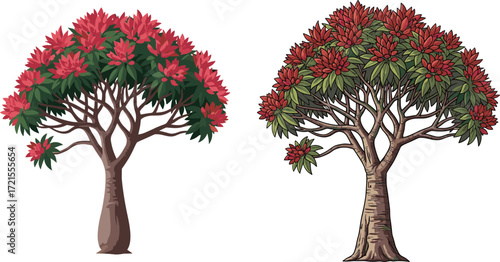 Red flowering tree illustration, botanical artwork, vibrant nature design, tropical plant drawing, green leaves with blossoms, natural background, decorative floral element