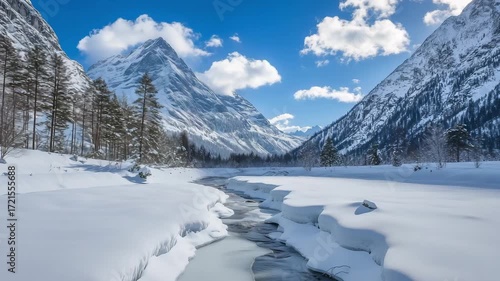 Wallpaper Mural Snow blankets the valley as a clear river winds through towering mountains beneath a bright blue sky with fluffy clouds Torontodigital.ca