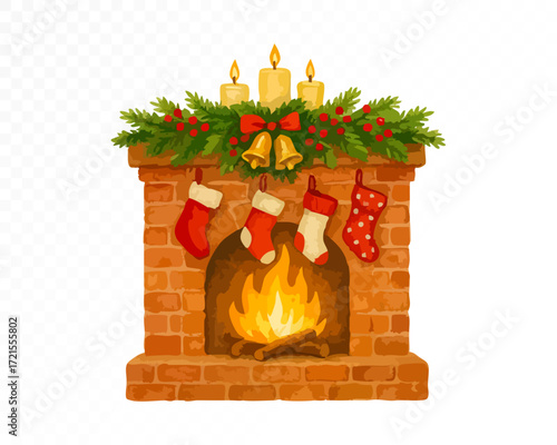 Watercolor Christmas fireplace with burning fire, red stockings, festive green garland, candles and golden bells, cozy holiday winter decoration for seasonal design. Vector illustration.