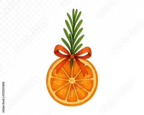 Watercolor Christmas decoration with dried orange slice, rosemary sprigs and red ribbon bow, rustic handmade festive ornament for cozy winter holiday design. Vector illustration.