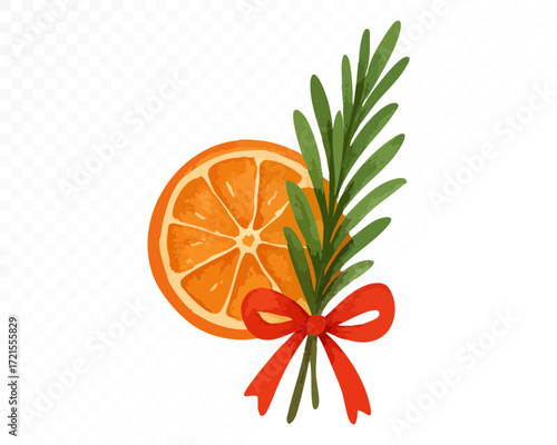 Watercolor Christmas decoration with dried orange slice, rosemary sprigs and red ribbon bow, rustic handmade festive ornament for cozy winter holiday design. Vector illustration.