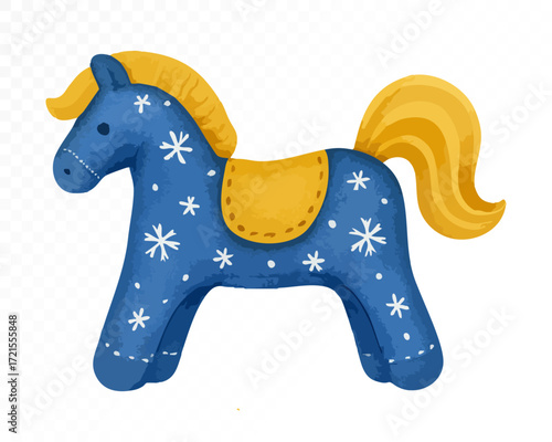 Watercolor felt Christmas horse toy in deep blue with yellow mane, tail and saddle, decorated with white stitched snowflakes, festive handmade holiday ornament. Vector illustration.
