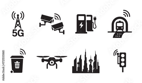Smart city technology silhouette icons bundle with connectivity and modern urban infrastructure 