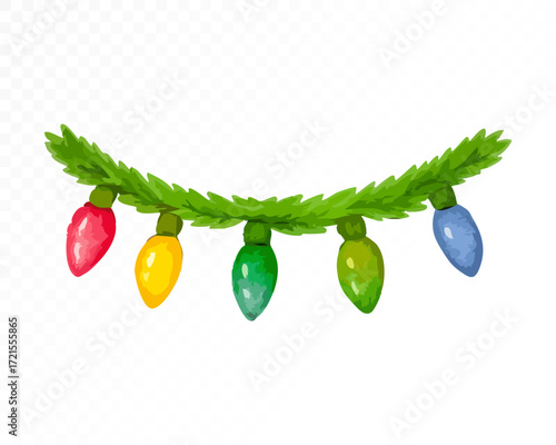 Watercolor Christmas garland with glowing colorful bulbs in red, yellow, green and blue attached to pine branch, festive holiday winter decoration design. Vector illustration.