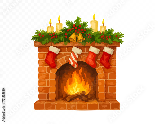 Watercolor Christmas fireplace with burning fire, red stockings, festive green garland, candles and golden bells, cozy holiday winter decoration for seasonal design. Vector illustration.