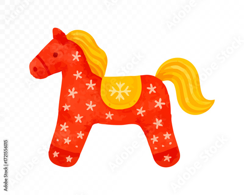 Watercolor felt Christmas horse toy in festive red with yellow mane, tail and saddle, decorated with white stitched snowflakes, handmade plush holiday ornament. Vector illustration.