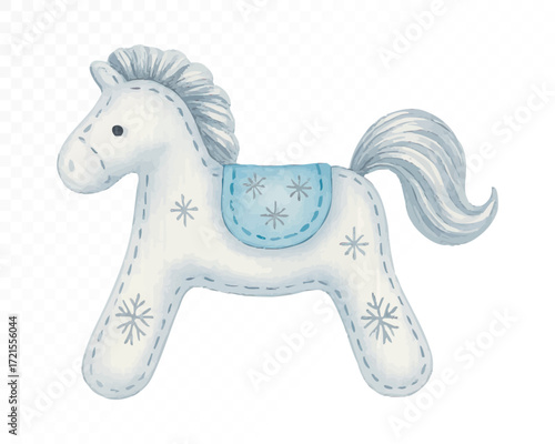 Watercolor felt Christmas horse toy in soft white with blue mane, tail and saddle, decorated with stitched snowflakes, cozy handmade plush holiday ornament. Vector illustration.