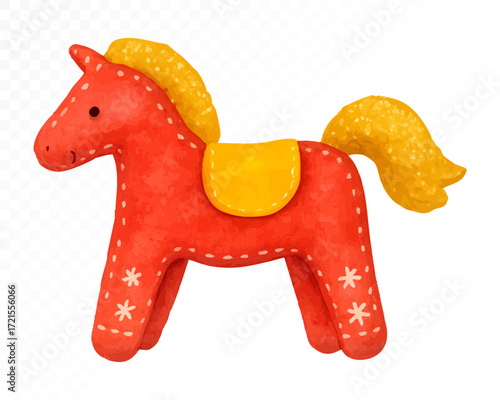 Watercolor felt Christmas horse toy in festive red with yellow mane, tail and saddle, decorated with white stitched snowflakes, handmade plush holiday ornament. Vector illustration.