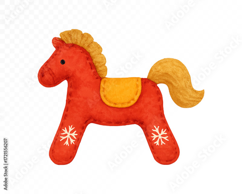 Watercolor felt Christmas horse toy in festive red with yellow mane, tail and saddle, decorated with white stitched snowflakes, handmade plush holiday ornament. Vector illustration.
