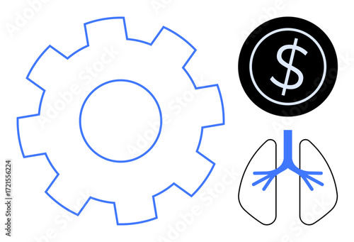 Gear symbolizing process, dollar coin for finance, lungs for health interconnected visually. Ideal for technology, economy, health, productivity, systems innovation and balance. Simple flat