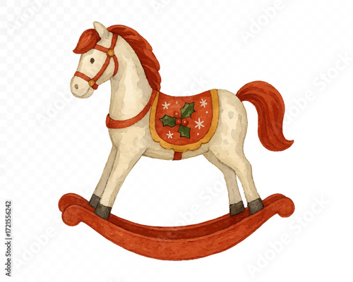 Watercolor Christmas rocking horse toy in cream and red with festive saddle decorated with holly leaves and snowflakes, traditional holiday vintage ornament. Vector illustration.