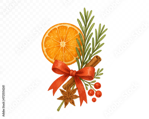 Watercolor Christmas orange slice with cinnamon stick, star anise, rosemary sprig, red berries and festive ribbon bow, cozy aromatic winter holiday decoration. Vector illustration.
