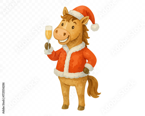 Watercolor Christmas horse in Santa Claus costume with red coat and hat, holding champagne glass, festive humorous holiday animal illustration. Vector illustration.