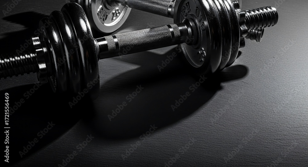 Naklejka premium Silver chrome dumbbells on dark slate surface, diagonal layout with wide negative space, dramatic fitness product photography for sports editorial and stock branding