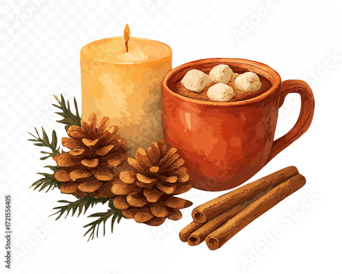 Watercolor Christmas still life with red mug of hot cocoa and marshmallows, glowing candle, pinecones, cinnamon sticks and evergreen branches, cozy festive holiday scene. Vector illustration.