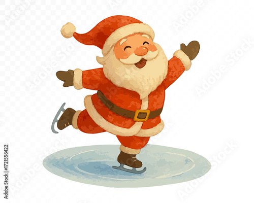 Watercolor Santa Claus ice skating joyfully on frozen winter pond, cheerful festive holiday character illustration for Christmas and New Year celebration. Vector illustration.