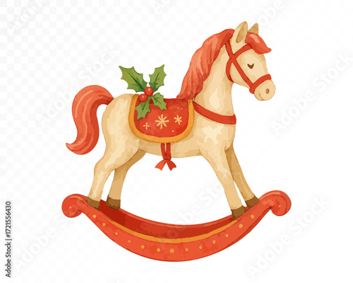 Watercolor Christmas rocking horse toy in cream and red with festive saddle decorated with holly leaves and snowflakes, traditional holiday vintage ornament. Vector illustration.