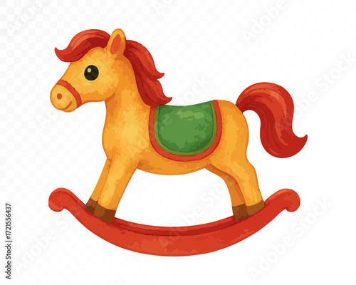 Watercolor Christmas rocking horse toy in yellow with red mane and tail, green saddle and red base, festive vintage holiday ornament illustration. Vector illustration.