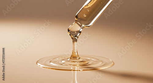 Golden liquid dripping from pipette for skincare serum or essential oil concept, perfect for beauty ads, spa promotions, or wellness campaigns