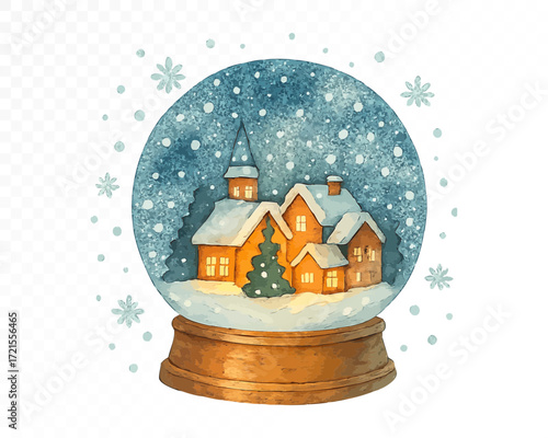 Watercolor snow globe with winter village houses, Christmas tree and falling snow, cozy holiday illustration. Vector illustration.