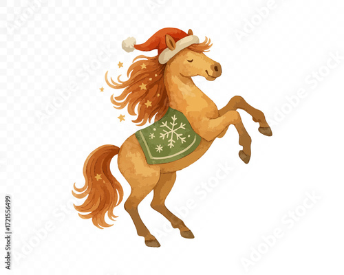 Watercolor Christmas horse wearing festive Santa hat and green winter blanket with snowflake pattern, joyful seasonal animal art for holiday decoration. Vector illustration.