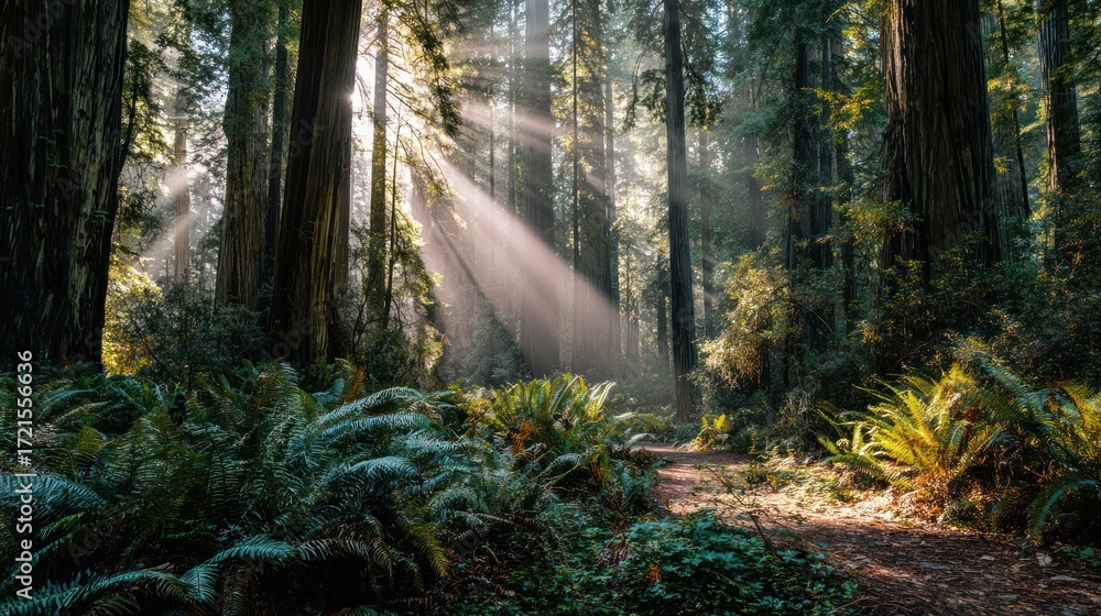 Fototapeta premium Sunlight streams through a dense forest, highlighting a path winding through foliage