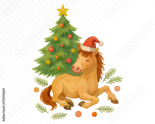 Watercolor Christmas illustration of a cute horse in red Santa hat sitting near decorated holiday tree with ornaments and golden star, cozy festive winter scene. Vector illustration.