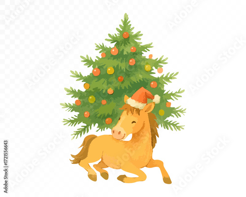 Watercolor Christmas illustration of a cute horse in red Santa hat sitting near decorated holiday tree with ornaments and golden star, cozy festive winter scene. Vector illustration.