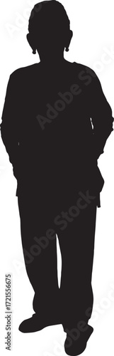 vector,silhouette of full portrait of senior woman standing hand on pockets