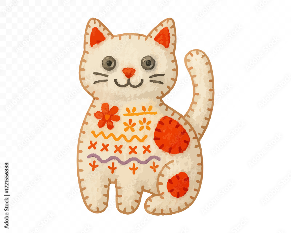 Fototapeta premium Watercolor felt cat toy with stitched floral and geometric embroidery patterns, handmade Christmas decoration in cozy rustic style, festive holiday art. Vector illustration.